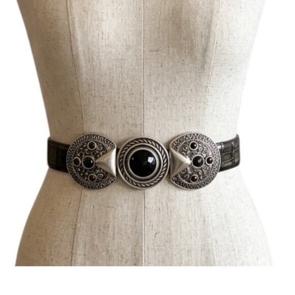 Vtg Western 36”Croc Concho Black Stone Medallion Leather Lined Style 50563 Belt main image 8